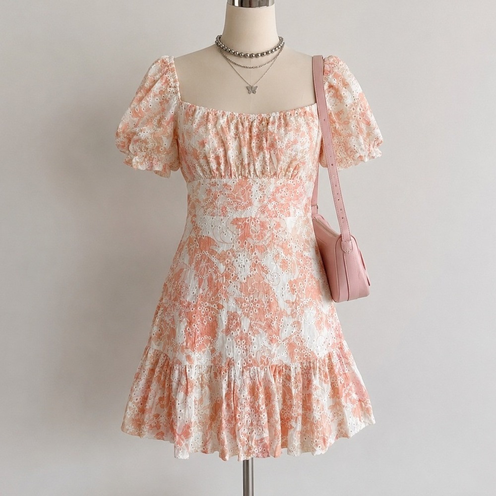 Peach Floral Eyelet Lace Puff Sleeve Mini Dress Milkmaid Tiered Womens Medium